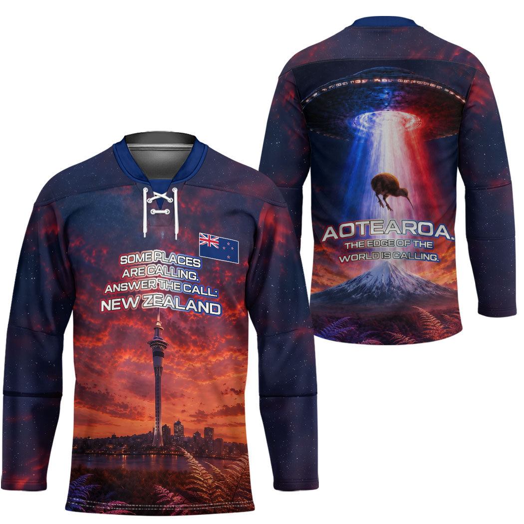 New Zealand Aotearoa Kiwi UFO Hockey Jersey Sci-Fi Galaxy Sunset Sky Tower And Mountain