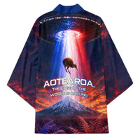 New Zealand Aotearoa Kiwi UFO Kimono Sci-Fi Galaxy Sunset Sky Tower And Mountain