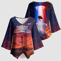 New Zealand Aotearoa Kiwi UFO Kimono Sleeve Blouse Sci-Fi Galaxy Sunset Sky Tower And Mountain