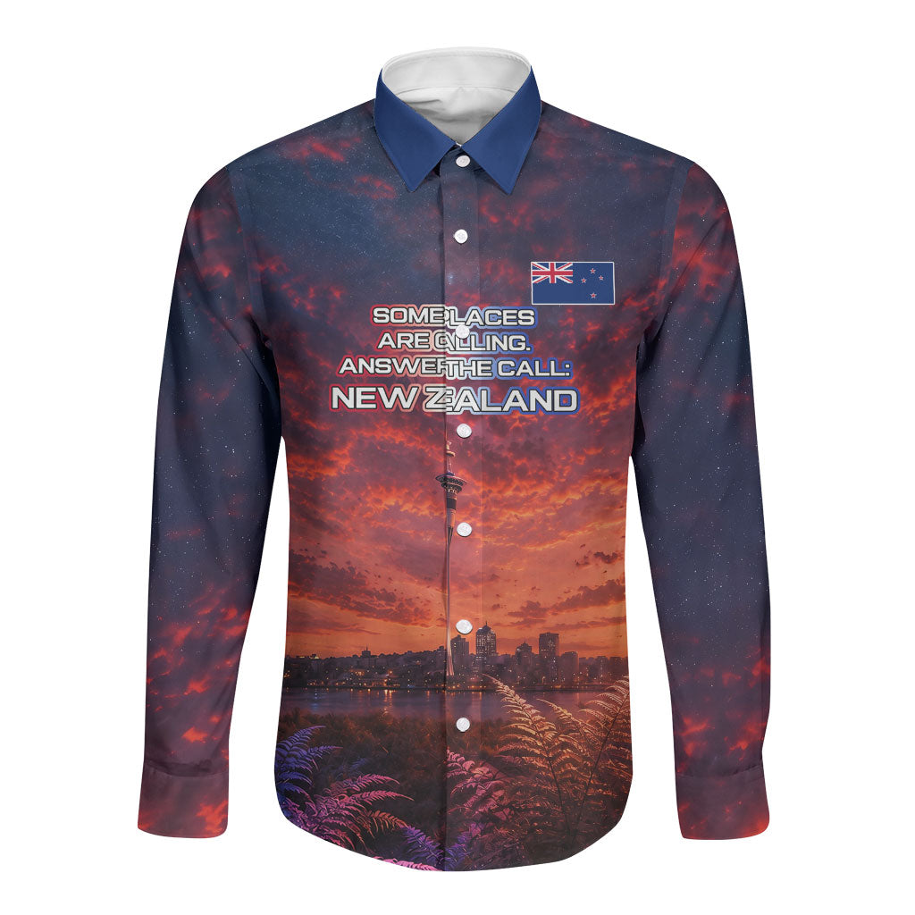 New Zealand Aotearoa Kiwi UFO Long Sleeve Button Shirt Sci-Fi Galaxy Sunset Sky Tower And Mountain