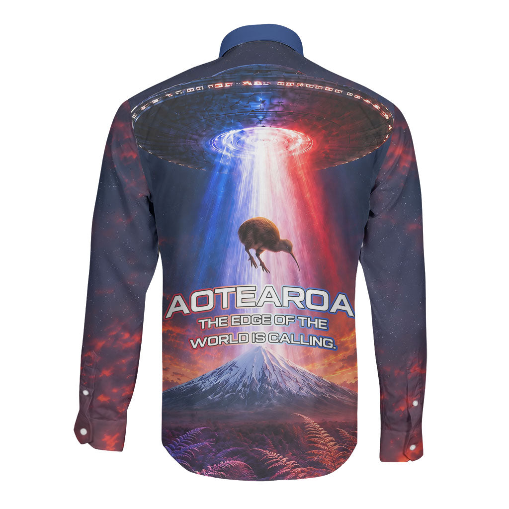 New Zealand Aotearoa Kiwi UFO Long Sleeve Button Shirt Sci-Fi Galaxy Sunset Sky Tower And Mountain