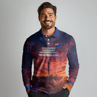 New Zealand Aotearoa Kiwi UFO Long Sleeve Polo Shirt Sci-Fi Galaxy Sunset Sky Tower And Mountain