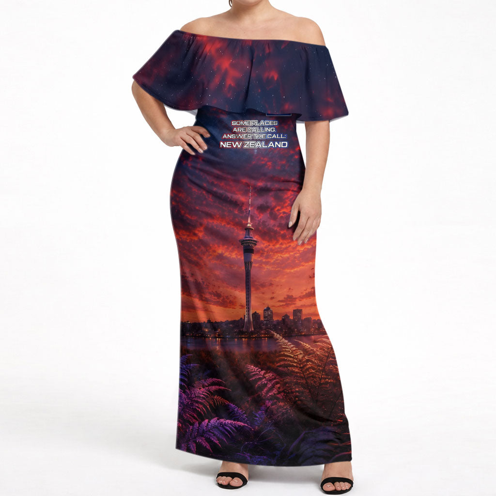 New Zealand Aotearoa Kiwi UFO Off Shoulder Maxi Dress Sci-Fi Galaxy Sunset Sky Tower And Mountain