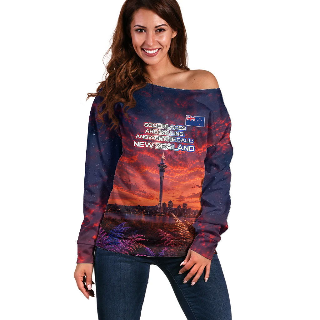 New Zealand Aotearoa Kiwi UFO Off Shoulder Sweater Sci-Fi Galaxy Sunset Sky Tower And Mountain