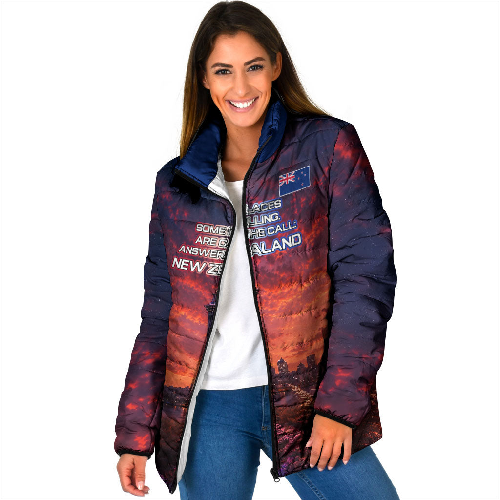 New Zealand Aotearoa Kiwi UFO Padded Jacket Sci-Fi Galaxy Sunset Sky Tower And Mountain TS04 Women Blue Red - Polynesian Pride