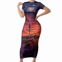 New Zealand Aotearoa Kiwi UFO Short Sleeve Bodycon Dress Sci-Fi Galaxy Sunset Sky Tower And Mountain