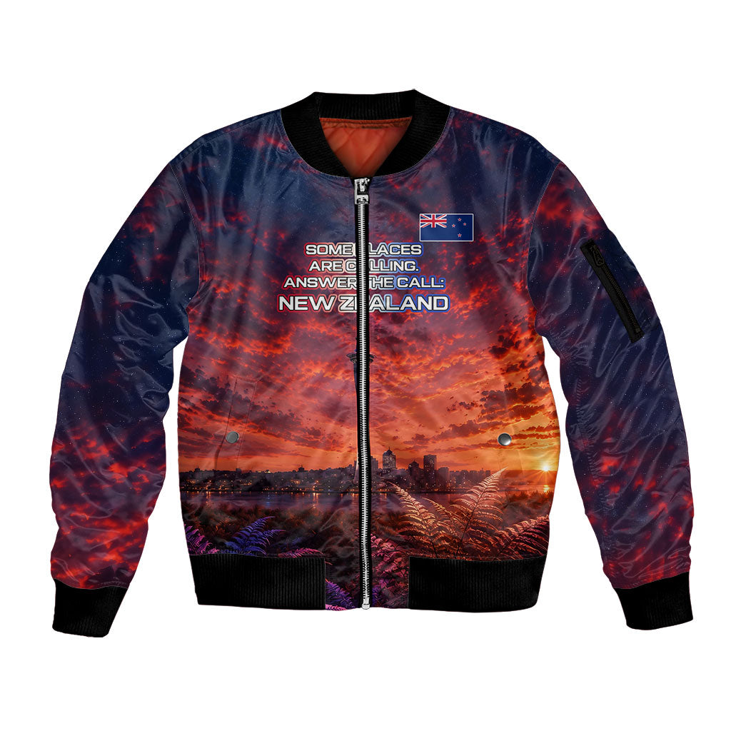 New Zealand Aotearoa Kiwi UFO Sleeve Zip Bomber Jacket Sci-Fi Galaxy Sunset Sky Tower And Mountain