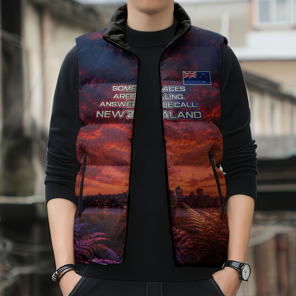 New Zealand Aotearoa Kiwi UFO Sleeveless Puffer Jacket Sci-Fi Galaxy Sunset Sky Tower And Mountain