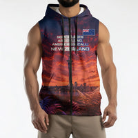 New Zealand Aotearoa Kiwi UFO Sleeveless Zip Hoodie Sci-Fi Galaxy Sunset Sky Tower And Mountain