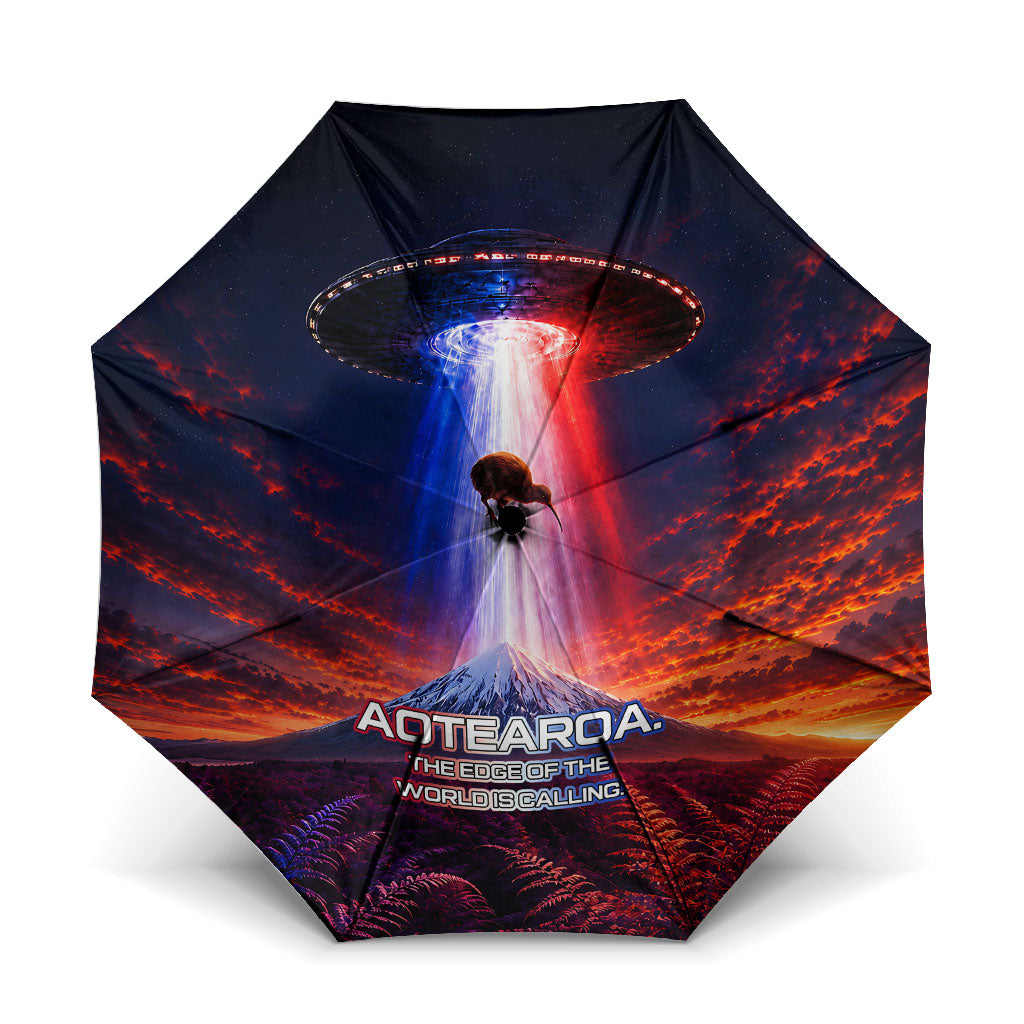 New Zealand Aotearoa Kiwi UFO Umbrella Sci-Fi Galaxy Sunset Sky Tower And Mountain TS04 One Size Folded 11.42 inch Opened Diameter 37.4 inch Blue Red - Polynesian Pride