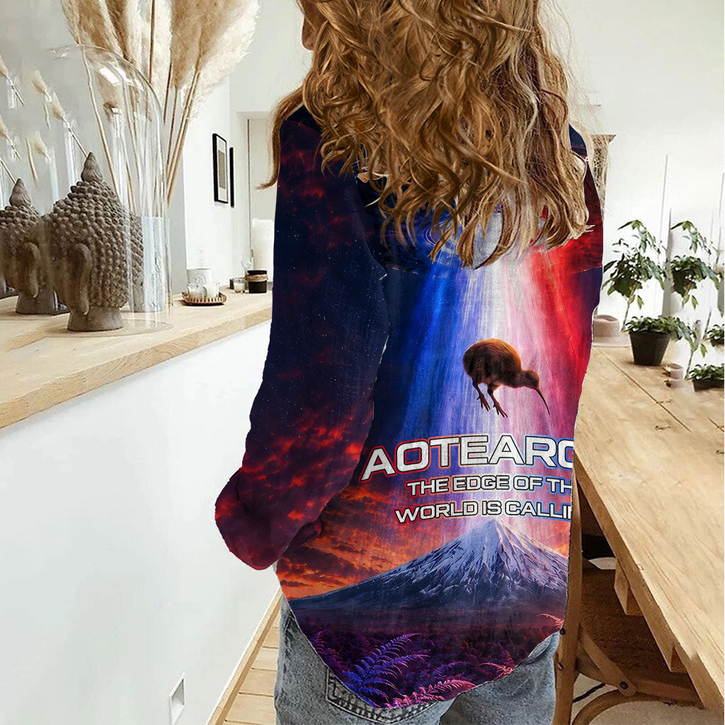 New Zealand Aotearoa Kiwi UFO Women Casual Shirt Sci-Fi Galaxy Sunset Sky Tower And Mountain