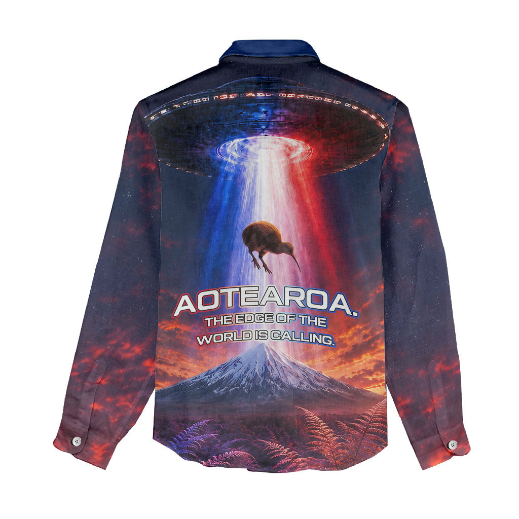 New Zealand Aotearoa Kiwi UFO Women Casual Shirt Sci-Fi Galaxy Sunset Sky Tower And Mountain