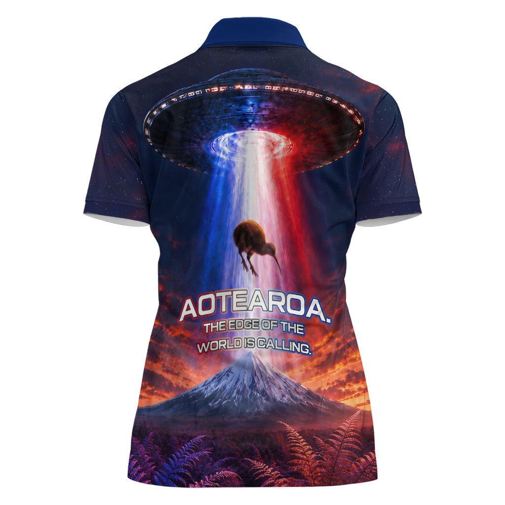 New Zealand Aotearoa Kiwi UFO Women Polo Shirt Sci-Fi Galaxy Sunset Sky Tower And Mountain