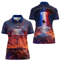 New Zealand Aotearoa Kiwi UFO Women Polo Shirt Sci-Fi Galaxy Sunset Sky Tower And Mountain