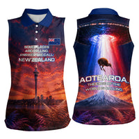 New Zealand Aotearoa Kiwi UFO Women Sleeveless Polo Shirt Sci-Fi Galaxy Sunset Sky Tower And Mountain