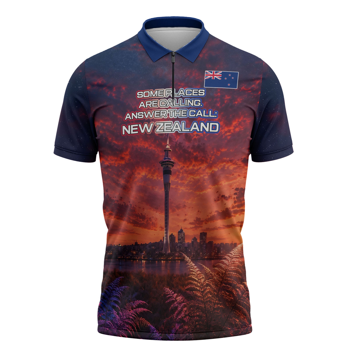 New Zealand Aotearoa Kiwi UFO Zipper Polo Shirt Sci-Fi Galaxy Sunset Sky Tower And Mountain