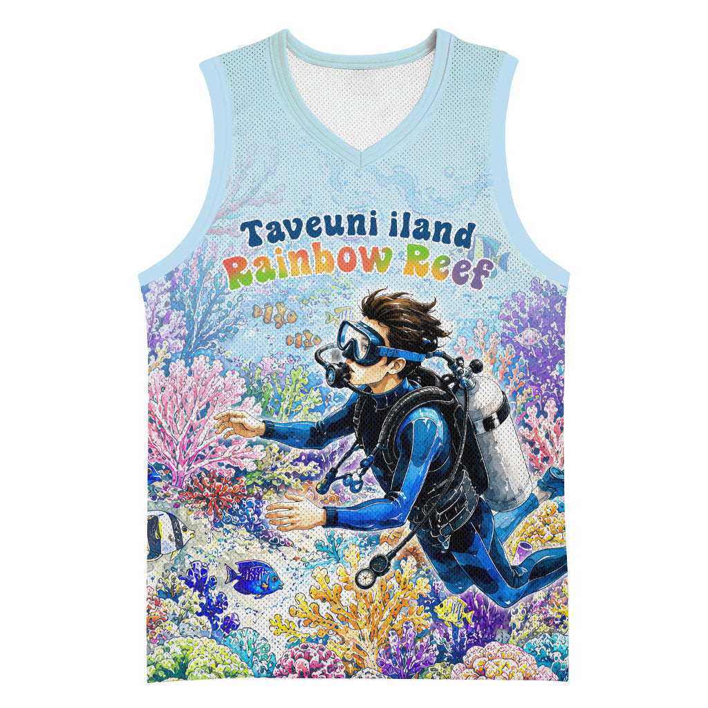 Fiji Taveuni Rainbow Reef Basketball Jersey Scuba Diver Vibrant Undersea Coral Garden Watercolor