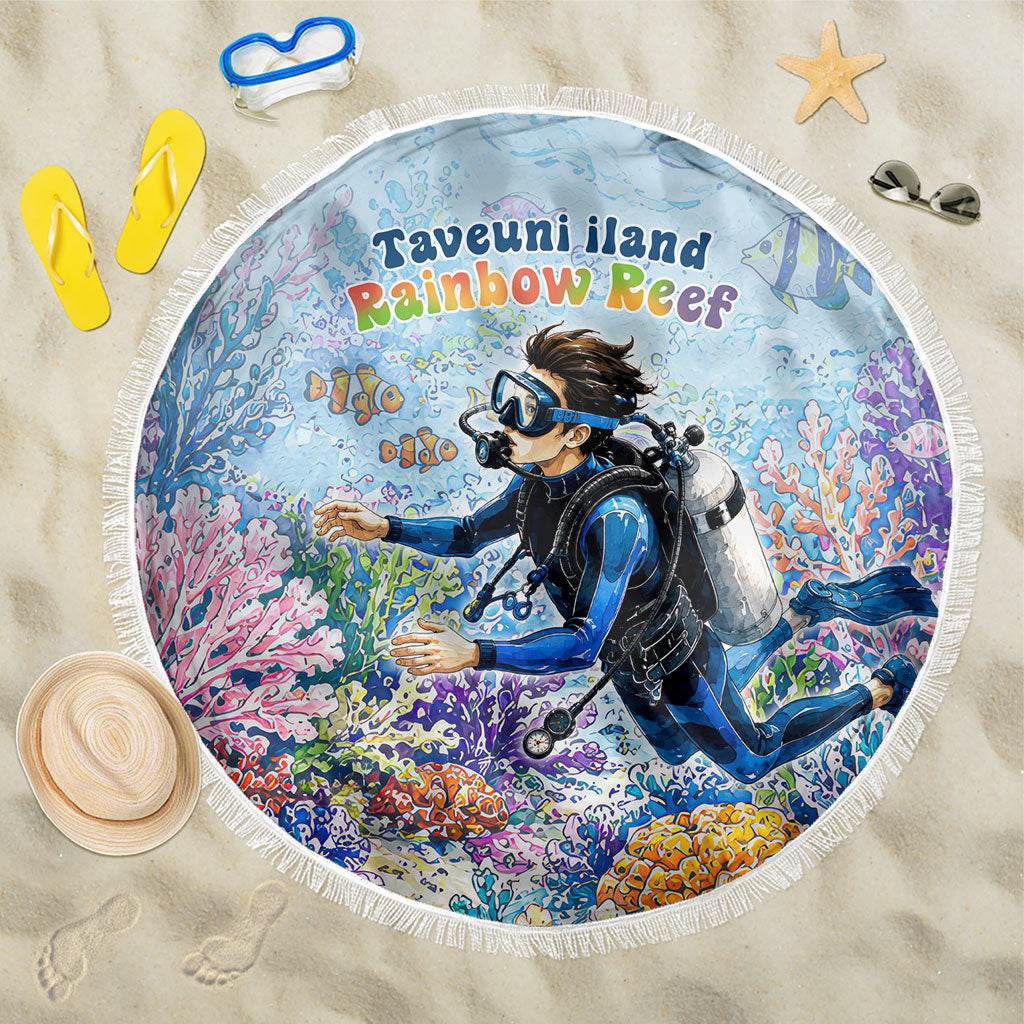 Fiji Taveuni Rainbow Reef Beach Blanket Scuba Diver Vibrant Undersea Coral Garden Watercolor