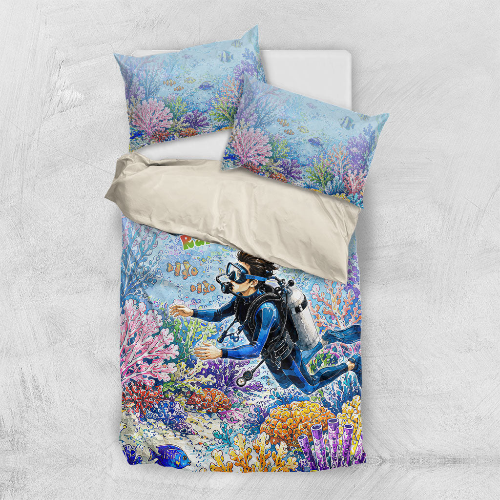 Fiji Taveuni Rainbow Reef Bedding Set Scuba Diver Vibrant Undersea Coral Garden Watercolor TS04 US Twin 172cm x 218cm Blue - Polynesian Pride