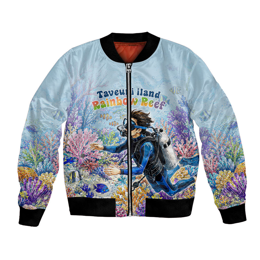 Fiji Taveuni Rainbow Reef Bomber Jacket Scuba Diver Vibrant Undersea Coral Garden Watercolor