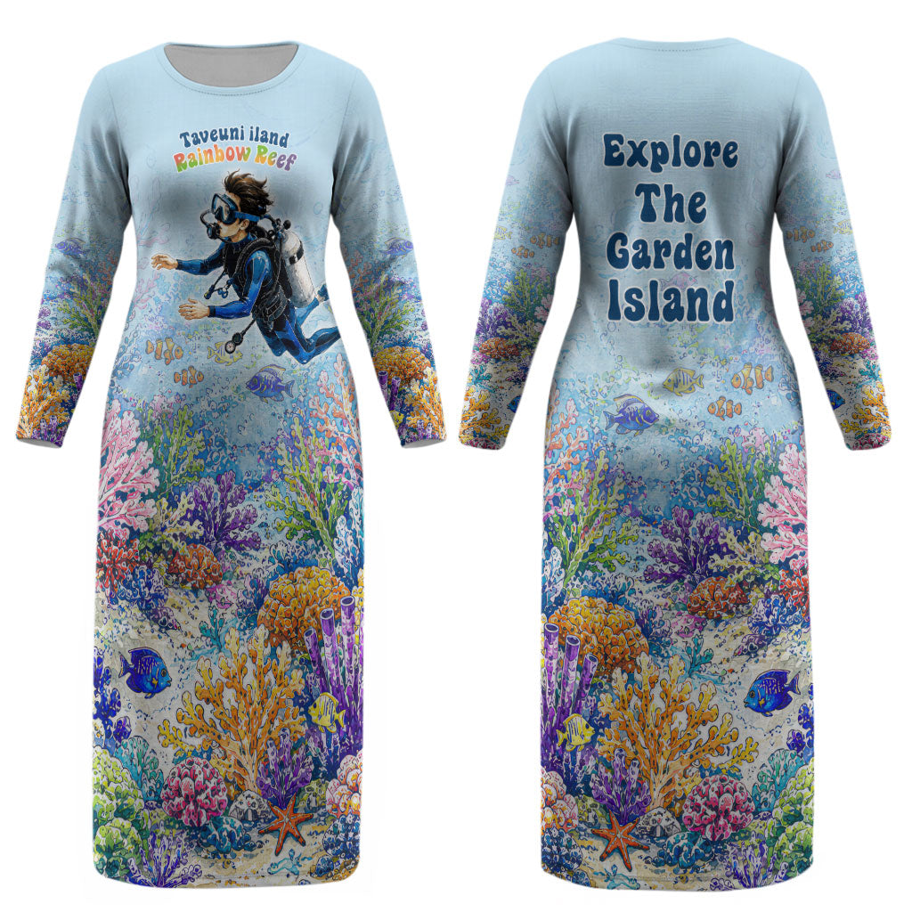 Fiji Taveuni Rainbow Reef Couples Matching Long Sleeve Bodycon Dress and Hawaiian Shirt Scuba Diver Vibrant Undersea Coral Garden Watercolor TS04 - Polynesian Pride