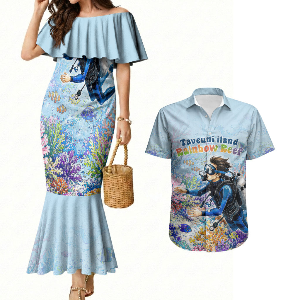 Fiji Taveuni Rainbow Reef Couples Matching Mermaid Dress and Hawaiian Shirt Scuba Diver Vibrant Undersea Coral Garden Watercolor TS04 Blue - Polynesian Pride