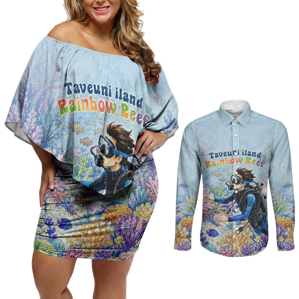 Fiji Taveuni Rainbow Reef Couples Matching Off Shoulder Short Dress and Long Sleeve Button Shirt Scuba Diver Vibrant Undersea Coral Garden Watercolor