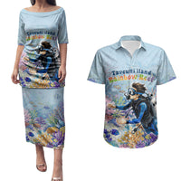 Fiji Taveuni Rainbow Reef Couples Matching Puletasi and Hawaiian Shirt Scuba Diver Vibrant Undersea Coral Garden Watercolor TS04 Blue - Polynesian Pride