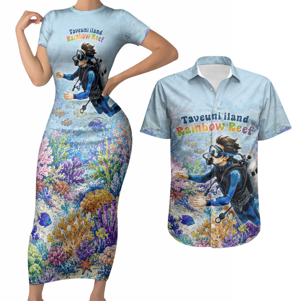 Fiji Taveuni Rainbow Reef Couples Matching Short Sleeve Bodycon Dress and Hawaiian Shirt Scuba Diver Vibrant Undersea Coral Garden Watercolor