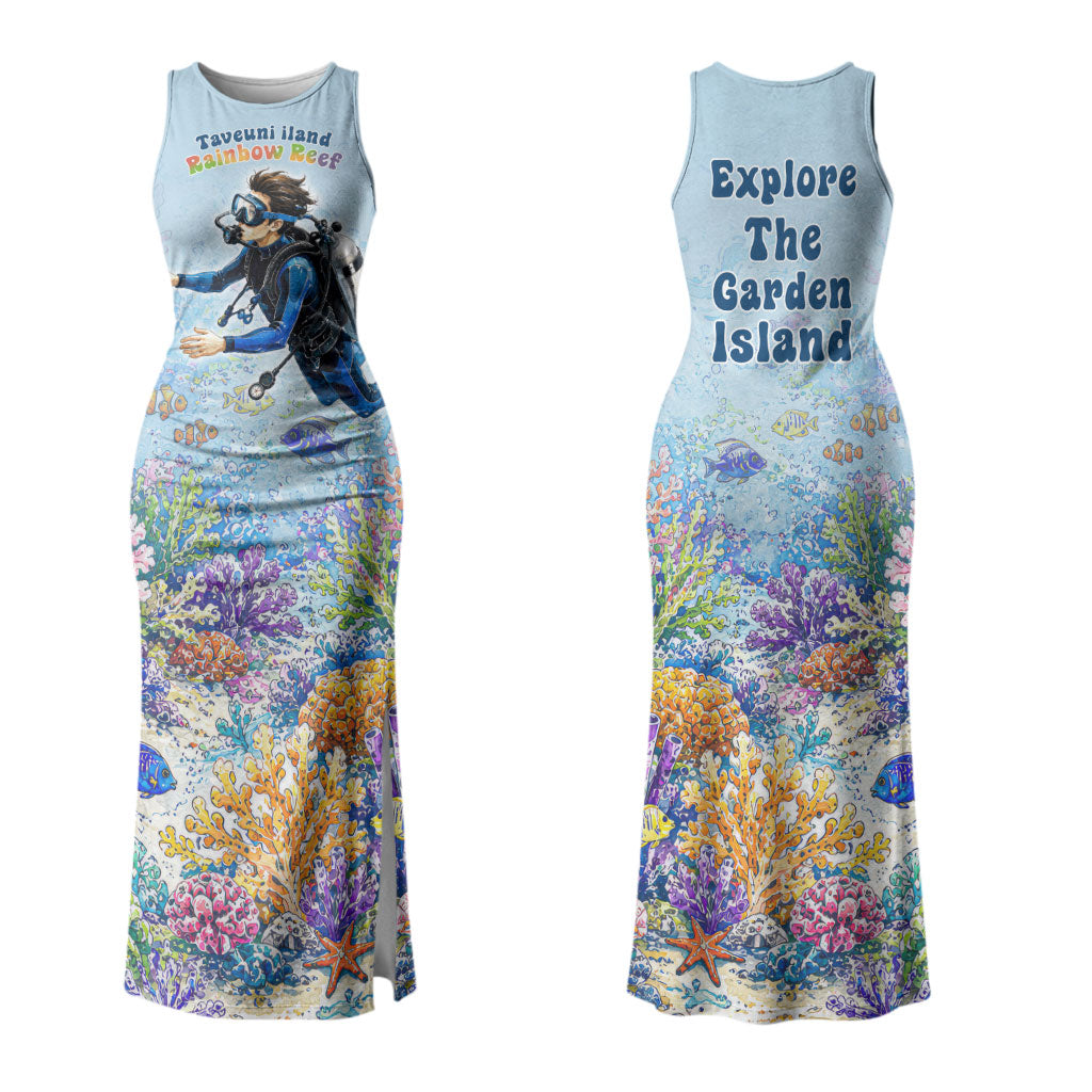 Fiji Taveuni Rainbow Reef Couples Matching Tank Maxi Dress and Long Sleeve Button Shirt Scuba Diver Vibrant Undersea Coral Garden Watercolor TS04 - Polynesian Pride