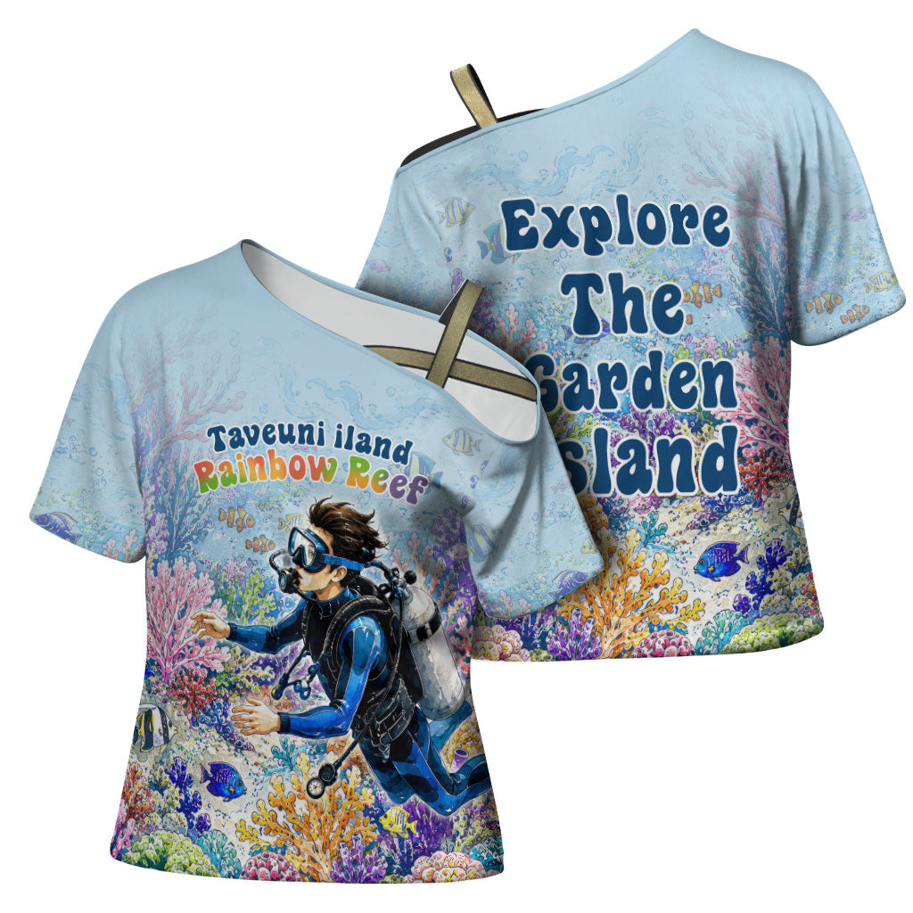 Fiji Taveuni Rainbow Reef Cross Shoulder Shirt Scuba Diver Vibrant Undersea Coral Garden Watercolor TS04 - Polynesian Pride