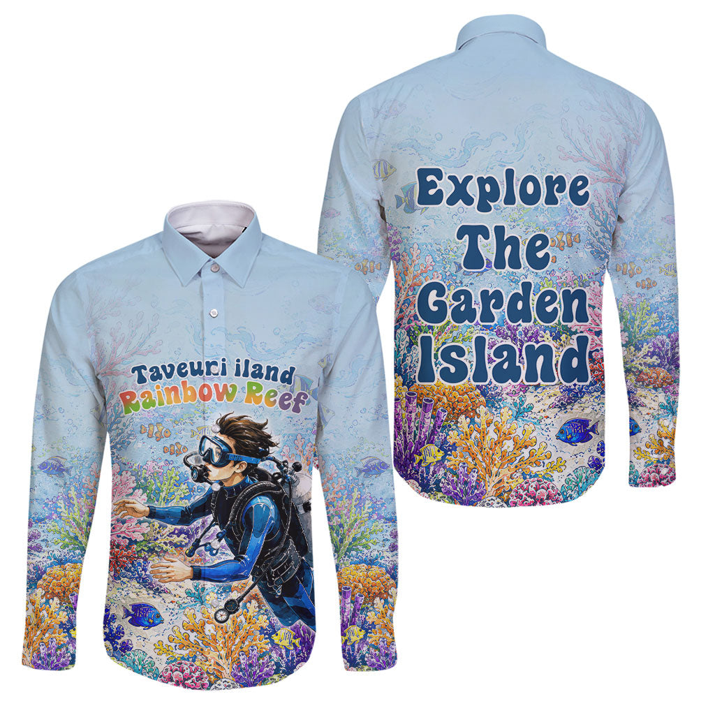 Fiji Taveuni Rainbow Reef Family Matching Long Sleeve Bodycon Dress and Hawaiian Shirt Scuba Diver Vibrant Undersea Coral Garden Watercolor TS04 Dad's Shirt - Long Sleeve Blue - Polynesian Pride