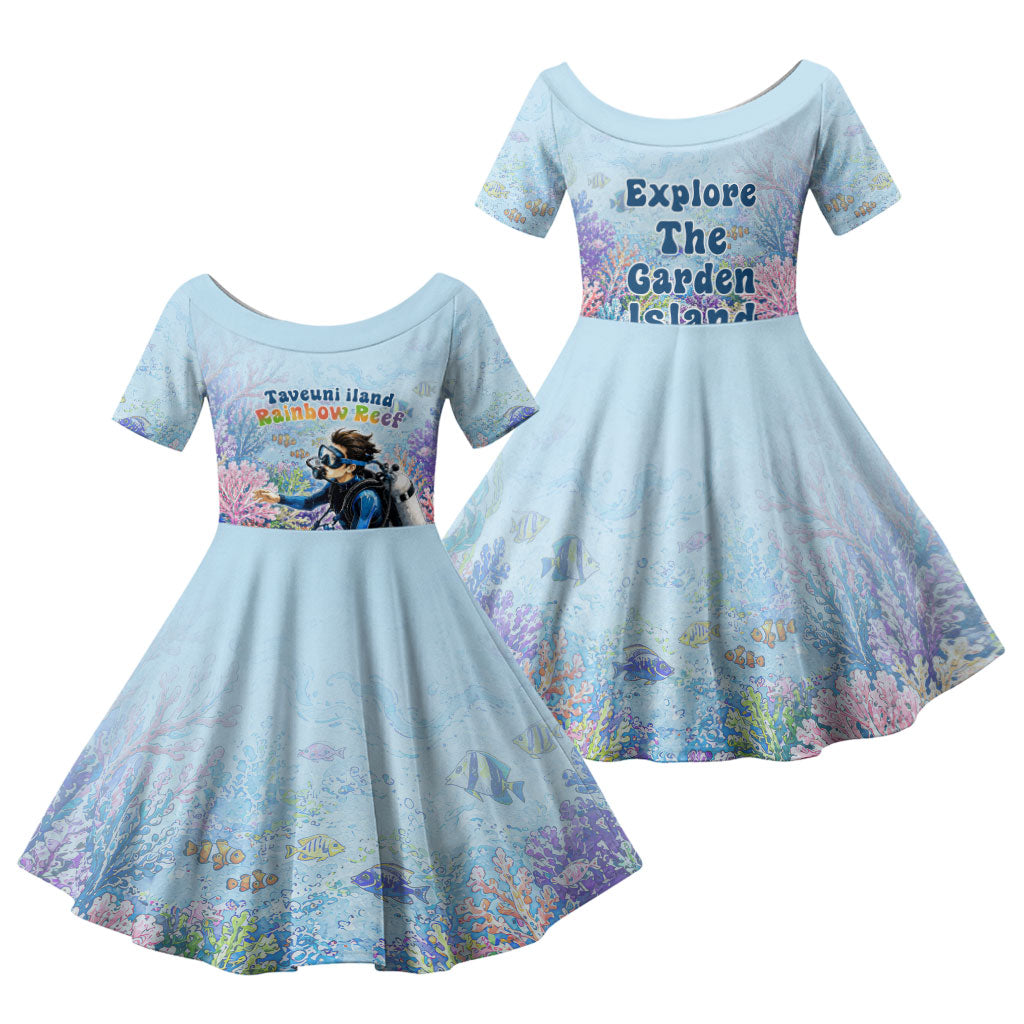 Fiji Taveuni Rainbow Reef Family Matching Long Sleeve Bodycon Dress and Hawaiian Shirt Scuba Diver Vibrant Undersea Coral Garden Watercolor TS04 Daughter's Dress Blue - Polynesian Pride