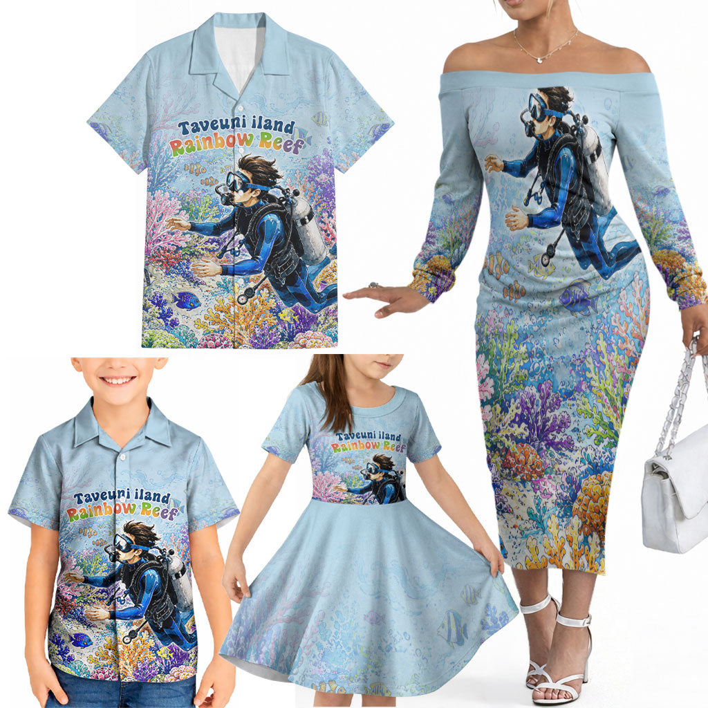 Fiji Taveuni Rainbow Reef Family Matching Off The Shoulder Long Sleeve Dress and Hawaiian Shirt Scuba Diver Vibrant Undersea Coral Garden Watercolor TS04 - Polynesian Pride