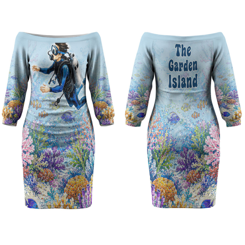 Fiji Taveuni Rainbow Reef Family Matching Off The Shoulder Long Sleeve Dress and Hawaiian Shirt Scuba Diver Vibrant Undersea Coral Garden Watercolor TS04 Mom's Dress Blue - Polynesian Pride