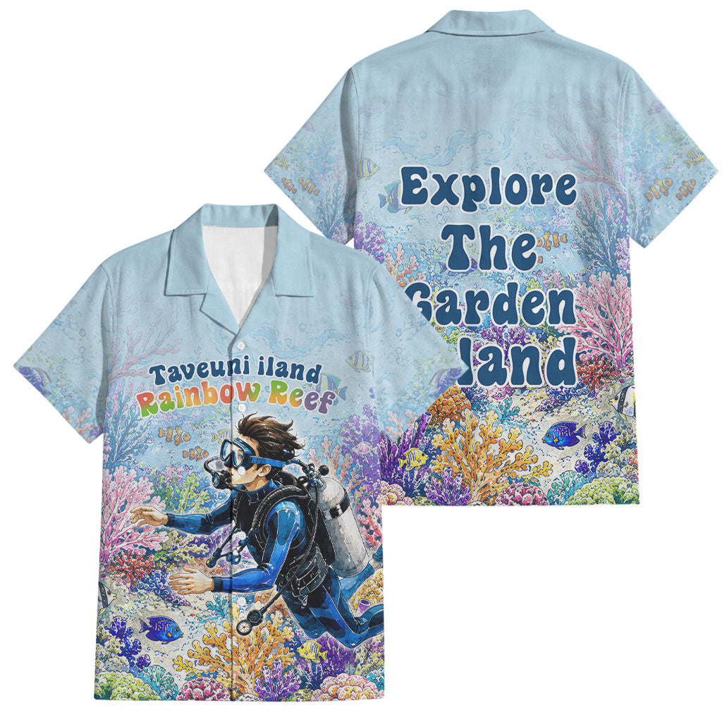 Fiji Taveuni Rainbow Reef Family Matching Puletasi and Hawaiian Shirt Scuba Diver Vibrant Undersea Coral Garden Watercolor TS04 Dad's Shirt - Short Sleeve Blue - Polynesian Pride