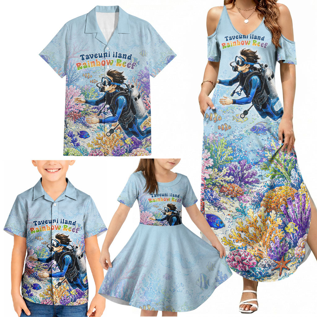 Fiji Taveuni Rainbow Reef Family Matching Summer Maxi Dress and Hawaiian Shirt Scuba Diver Vibrant Undersea Coral Garden Watercolor