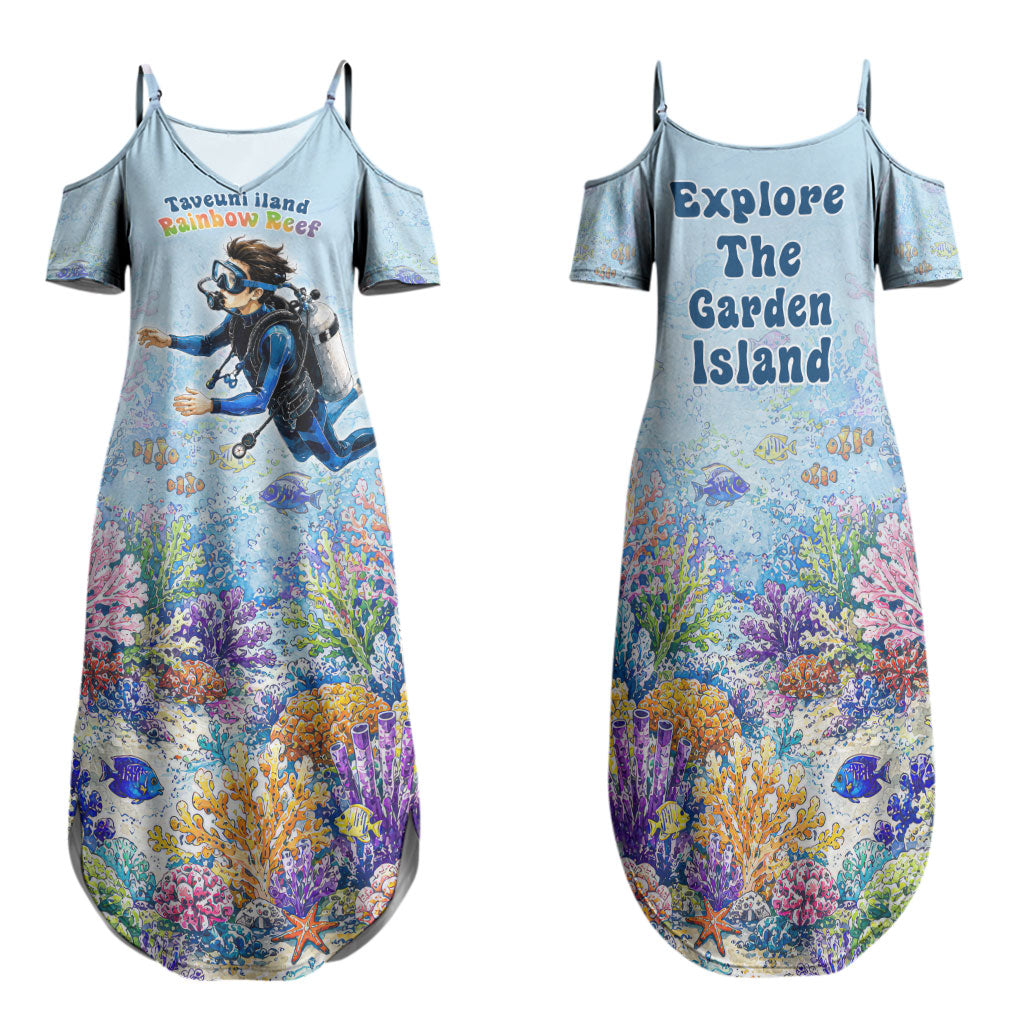 Fiji Taveuni Rainbow Reef Family Matching Summer Maxi Dress and Hawaiian Shirt Scuba Diver Vibrant Undersea Coral Garden Watercolor TS04 Mom's Dress Blue - Polynesian Pride