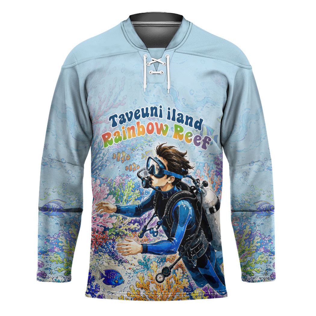 Fiji Taveuni Rainbow Reef Hockey Jersey Scuba Diver Vibrant Undersea Coral Garden Watercolor