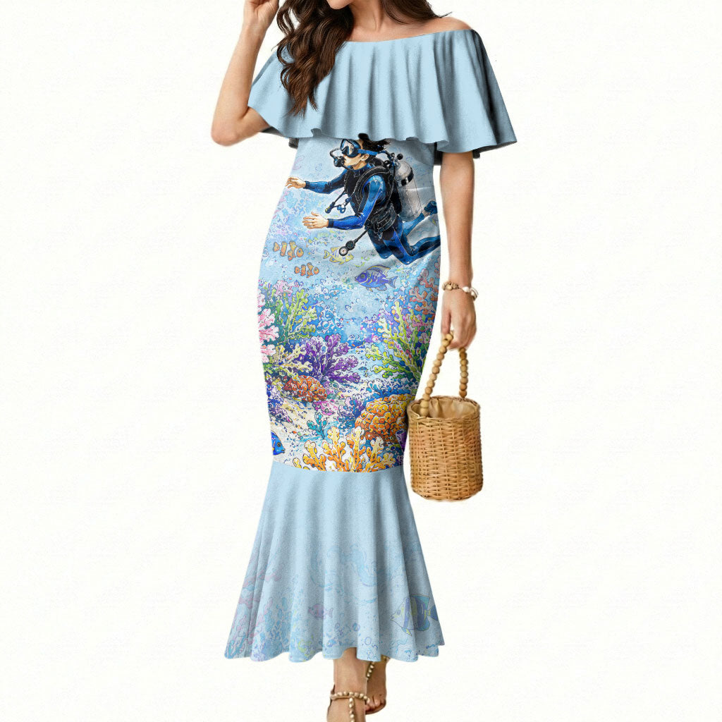 Fiji Taveuni Rainbow Reef Mermaid Dress Scuba Diver Vibrant Undersea Coral Garden Watercolor