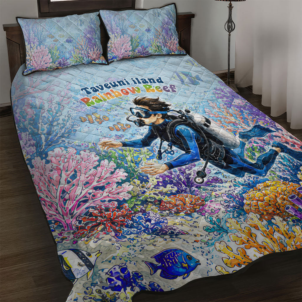 Fiji Taveuni Rainbow Reef Quilt Bed Set Scuba Diver Vibrant Undersea Coral Garden Watercolor TS04 Blue - Polynesian Pride
