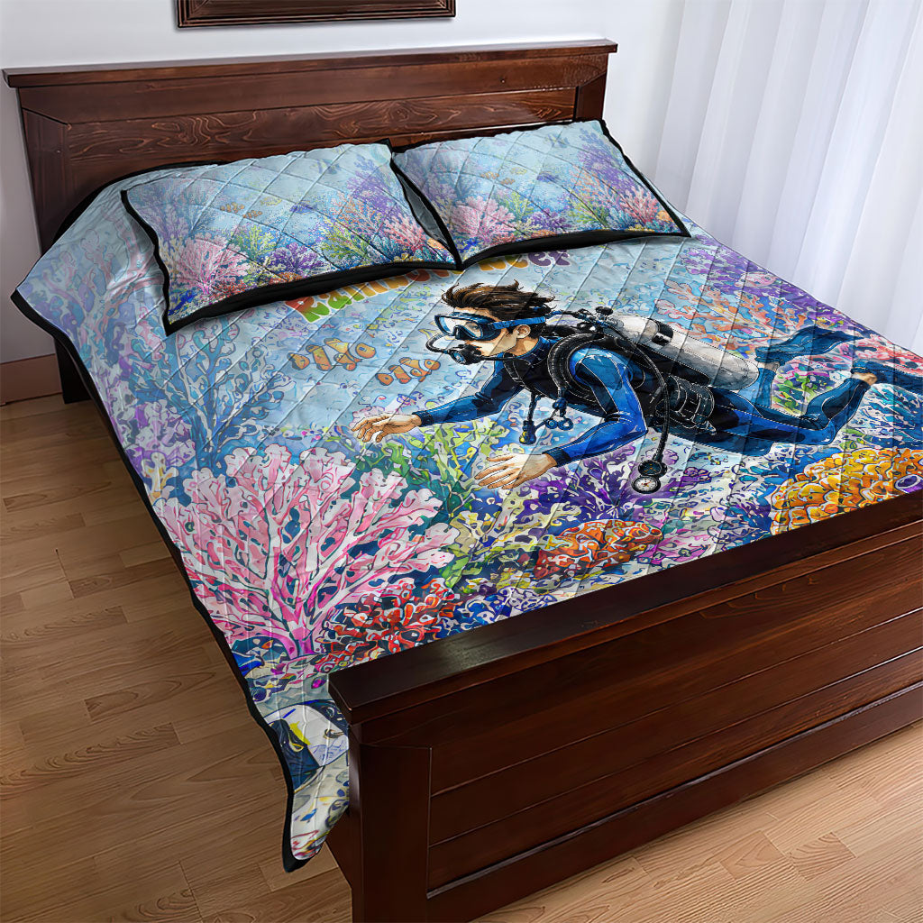 Fiji Taveuni Rainbow Reef Quilt Bed Set Scuba Diver Vibrant Undersea Coral Garden Watercolor TS04 - Polynesian Pride