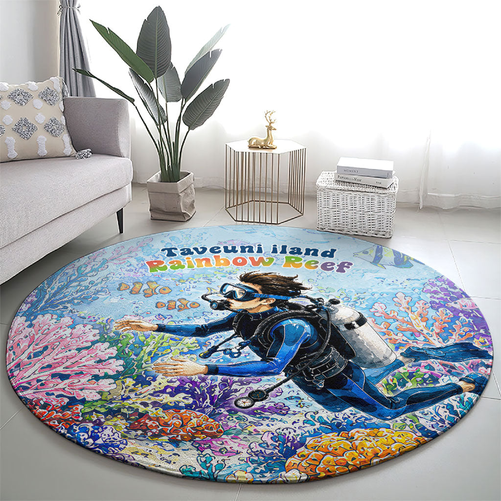 Fiji Taveuni Rainbow Reef Round Carpet Scuba Diver Vibrant Undersea Coral Garden Watercolor TS04 - Polynesian Pride