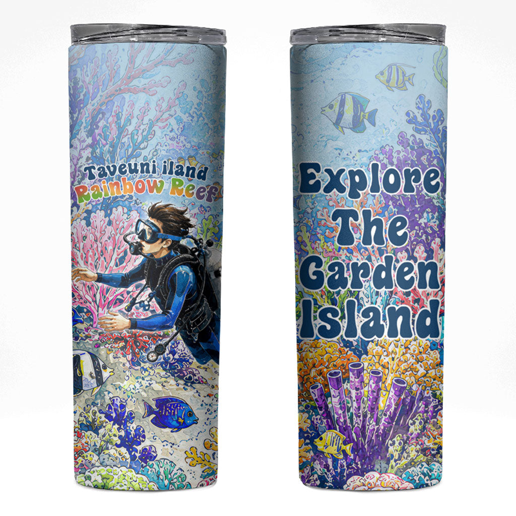 Fiji Taveuni Rainbow Reef Skinny Tumbler Scuba Diver Vibrant Undersea Coral Garden Watercolor TS04 Blue - Polynesian Pride