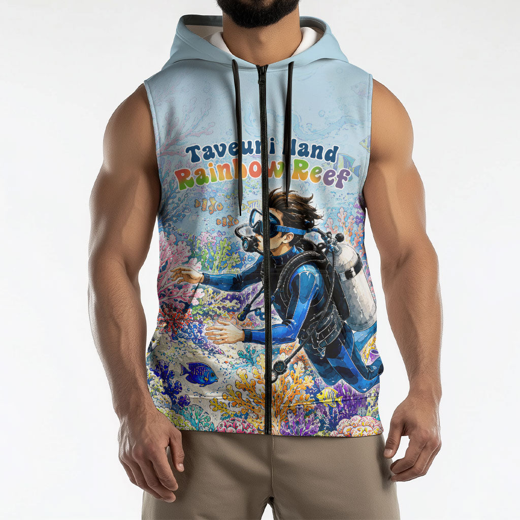 Fiji Taveuni Rainbow Reef Sleeveless Zip Hoodie Scuba Diver Vibrant Undersea Coral Garden Watercolor TS04 - Polynesian Pride