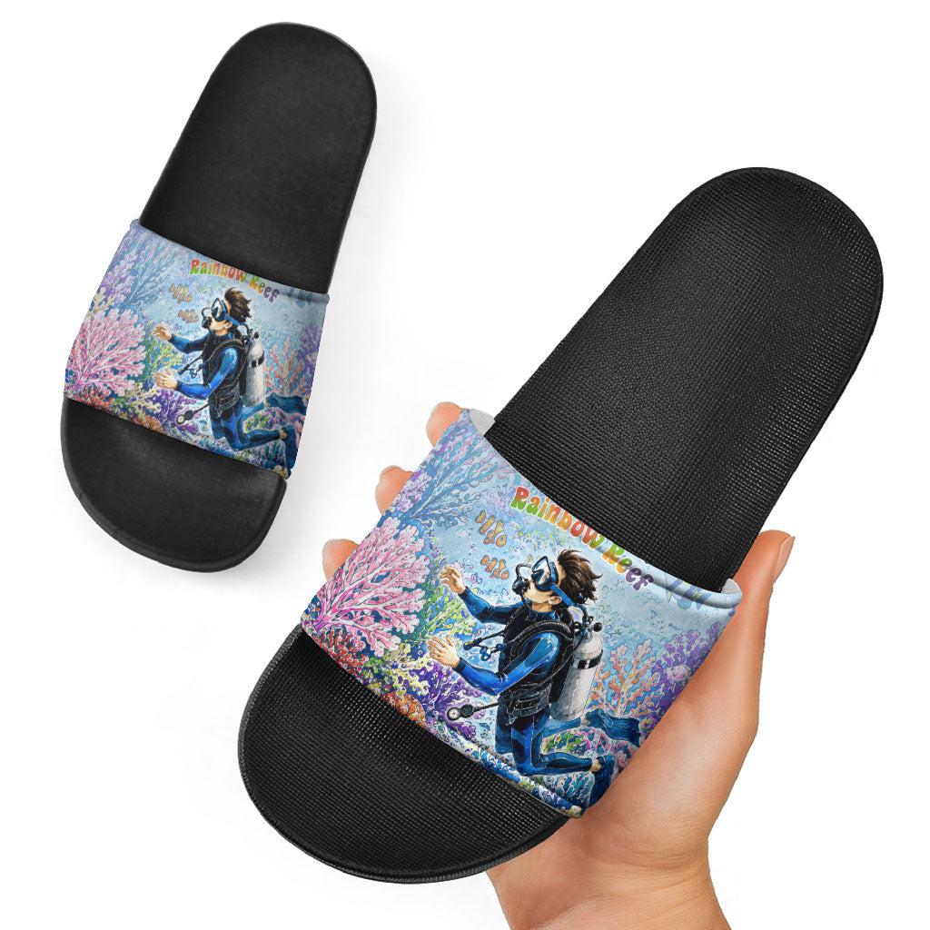 Fiji Taveuni Rainbow Reef Slide Sandals Scuba Diver Vibrant Undersea Coral Garden Watercolor TS04 - Polynesian Pride