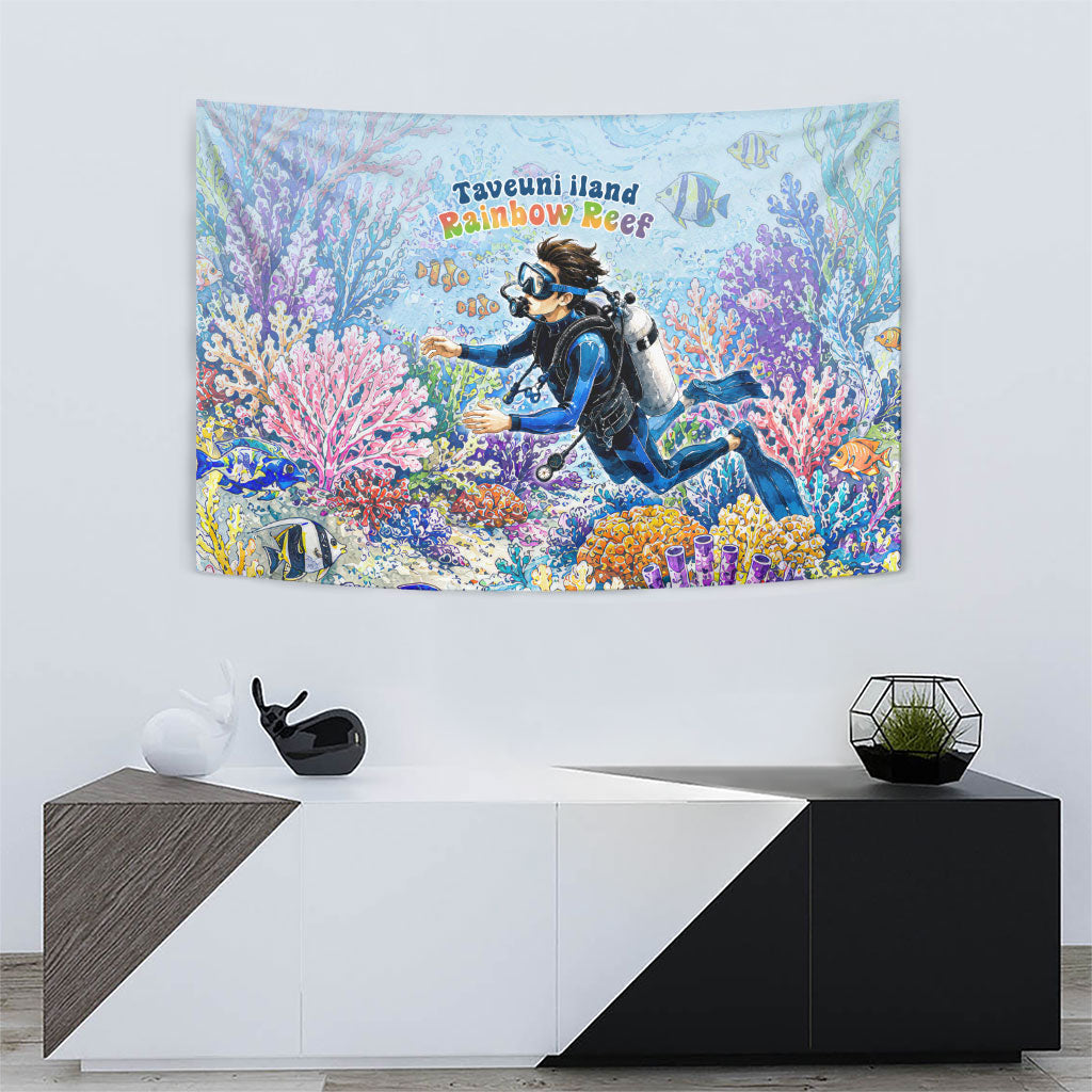 Fiji Taveuni Rainbow Reef Tapestry Scuba Diver Vibrant Undersea Coral Garden Watercolor TS04 - Polynesian Pride