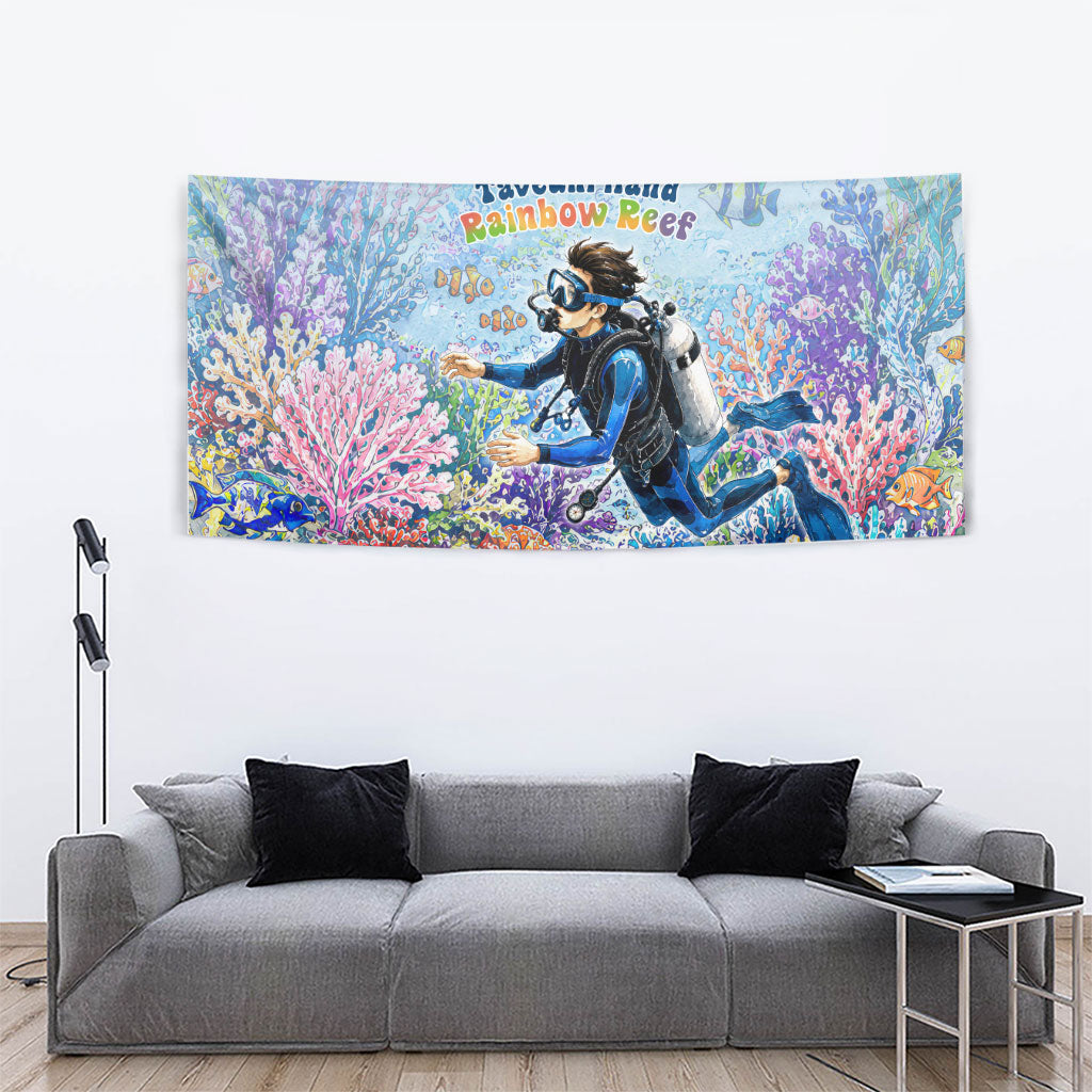 Fiji Taveuni Rainbow Reef Tapestry Scuba Diver Vibrant Undersea Coral Garden Watercolor TS04 - Polynesian Pride