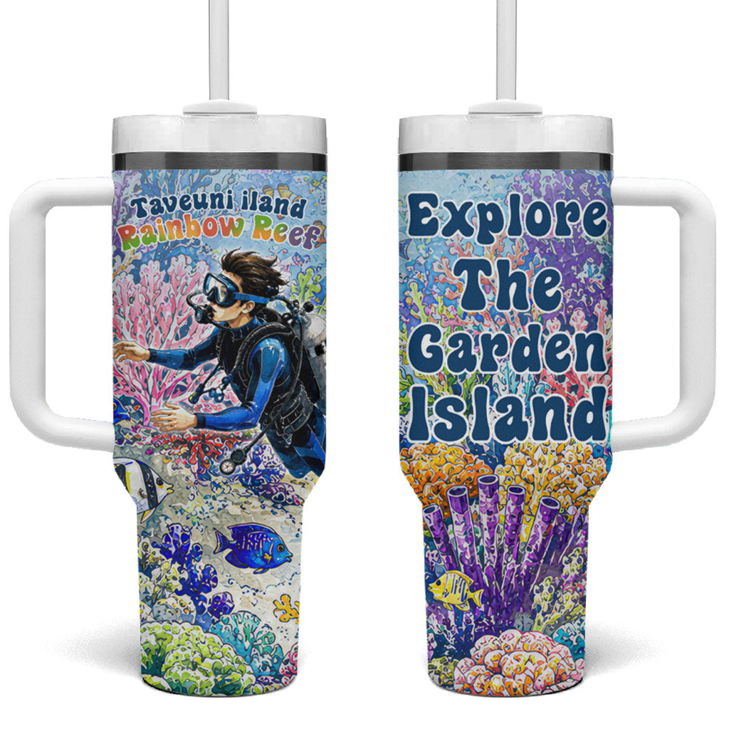 Fiji Taveuni Rainbow Reef Tumbler With Handle Scuba Diver Vibrant Undersea Coral Garden Watercolor
