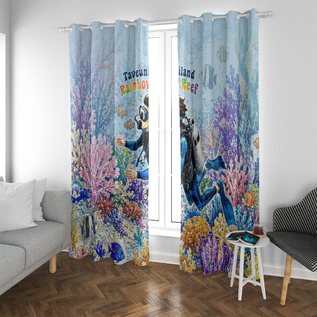 Fiji Taveuni Rainbow Reef Window Curtain Scuba Diver Vibrant Undersea Coral Garden Watercolor TS04 With Grommets Blue - Polynesian Pride